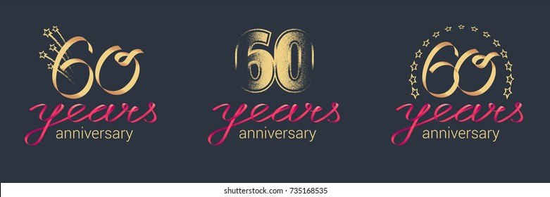 60 years anniversary vector icon,  logo set. Graphic design element with lettering and red ribbon for  celebration of 60th anniversary