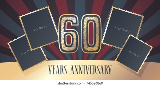 60 years anniversary vector icon, logo. Template design element, greeting card with collage of photo frames and gold color number for 60th anniversary. Can be used as background or banner