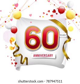 60 years anniversary vector illustration, banner, flyer, logo, icon, symbol. Graphic design element with flag, balloon, ribbon, confetty. Birthday greeting, event celebration