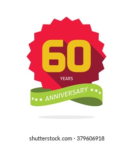 60 years anniversary vector label logo, shadow on star, number 60 (six zero), 60th years anniversary icon. Sixtieth birthday party symbol. Sixty promotion sale sticker ribbon, poster, emblem