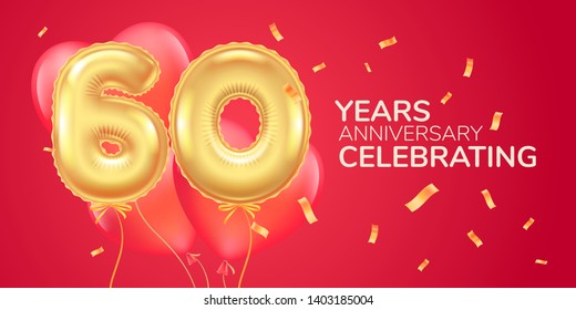 60 years anniversary vector logo, icon. Template banner with heart  air hot balloon for 60th anniversary greeting card 