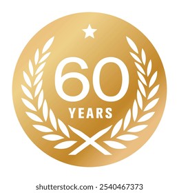 60 anos aniversário vetor logotipo, ícone. Elemento gráfico com medalha de cor dourada para cartão comemorativo de 60 anos