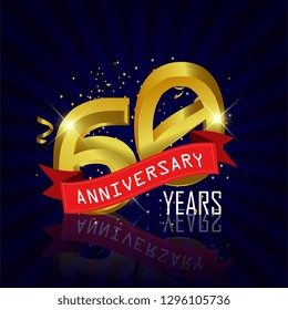 60 years anniversary Vector Template Design with golden color and silver ribbon isolated on blue sunburst background illustration for celebration event - Vector