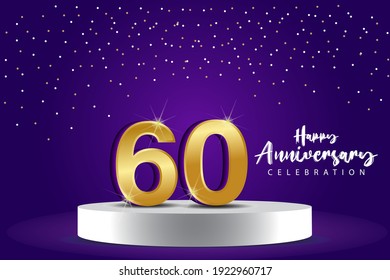 60 Jahre alte Vektor Template Design Illustration. Blaue 3D-Zahlen mit Podium-Bühne zum Feiern