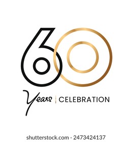 60 years Celebration minimalist line Gold logo abstract Design. Anniversary luxury style. Vector number for icon, label, insigna, seal, tag, sign, seal, symbol, badge, stamp, sticker, emblem, etc.