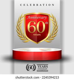 60 years gold anniversary celebration logo with 3d red cylinder podium , isolated on grey background