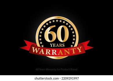 60 years golden warranty logo with ring and red ribbon isolated on black background, vector design for product warranty, guarantee, service, corporate, and your business.