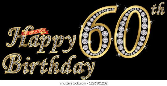 60 years happy birthday golden sign with diamonds, vector illustration svg