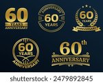 60 years icon or logo set. 60th anniversary celebrating golden sign or stamp. Jubilee, birthday celebration design element. Vector illustration.