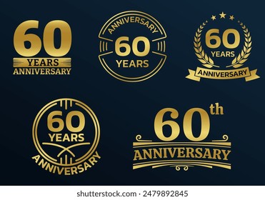 60 years icon or logo set. 60th anniversary celebrating golden sign or stamp. Jubilee, birthday celebration design element. Vector illustration.