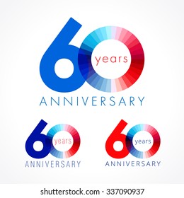 60 years old celebrating logo concept. Illustration of anniversary numbers 60 th. Shining congratulating logotypes set. Stained disk digit. 60% percent off. Isolated abstract graphic design template.