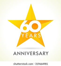 60 years old celebrating star logo. 60 th anniversary vector congrats color numbers. Greetings celebrates of winner. Stained-glass colorful stars shape. Mosaic gold colored template, best offer sign.