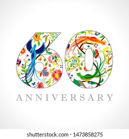 60 years old logotype. 60 th anniversary numbers. Decorative symbol. Age congrats with peacock birds. Isolated abstract graphic design template. Royal coloured digits. Up to 60% percent off discount.