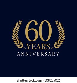 60 years old luxurious logo. Anniversary 60s, 60 th vector gold colored template framed of palms. Greetings ages celebrates. Celebrating tradition branches. 6 th place symbol of victory and success