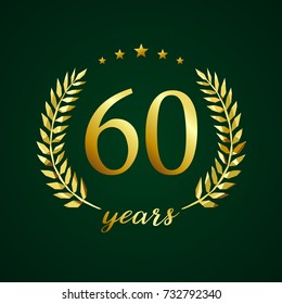 60 years old luxurious logotype. Congratulating 60th, 6th numbers in circle of palms, cup template. Isolated sign greetings symbol, celebrating traditional stained-glass decorative retro style ear.
