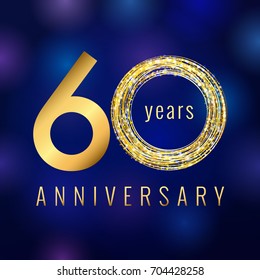 60 years old luxurious numbers. Congratulations 60th vector gold colored template sign with sparks, stars. Congratulating greetings celebrates. Celebrating traditional gold colored sixty template.