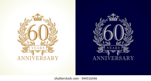 60 years old luxury logotype. Congratulating 60th numbers gold color framed in palms. Heraldic congrats concept. Celebrating tradition six and zero digits. Abstract isolated graphic design template.