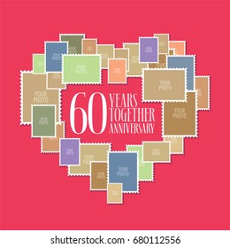 60 Years Of Wedding Or Marriage Vector Icon, Illustration. Template Design Element With Photo Frames And Heart Shape For Celebration Of 60th Wedding Anniversary