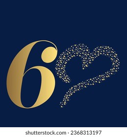 60 years - wish a party or birthday with a number and a heart made of stars to replace the zero - gold color on a navy blue background.