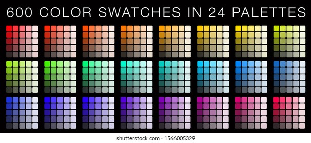 600 color swatches organized in 24 palettes by hue, brightness and saturation. Unique collection of full color spectrum to master color harmony in all your artwork or designs. Ultimate color swatches.