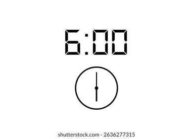 6:00 imagem vetorial e ícone cor preta no fundo branco.