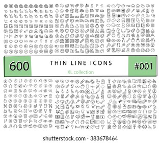 600 Vector thin line icons set for infographics, mobile UX/UI kit and print design. Touch ID, security, medicine, stomatology, technology, telecommunications, halloween.