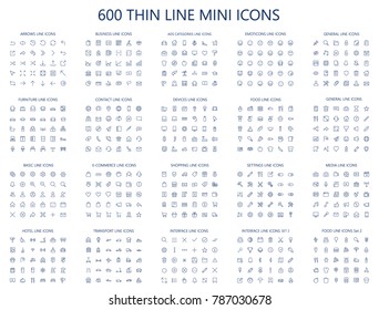 600 vector thin line mini icons set. Thin line simple outline icons, 24x24px grid. Pixel Perfect. Editable stroke. - Shutterstock ID 787030678