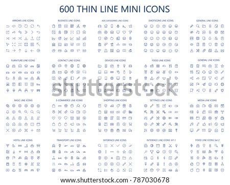 600 vector thin line mini icons set. Thin line simple outline icons, 24x24px grid. Pixel Perfect. Editable stroke. Foto d'archivio © 
