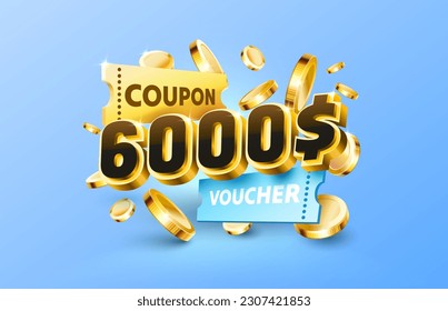 6000 dollar coupon gift voucher, cash back banner special offer. Vector illustration