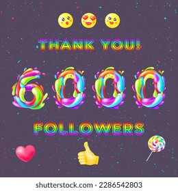 6000 followers color 3D picture. Thank you followers color numbers. The vector thanks card for network friends with color bubble. Splash paint on dark background.