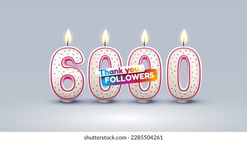 6000 followers of online users, congratulatory candles in the form of numbers. Vector illustration