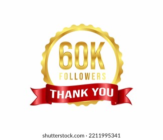 60000 followers celebration vector banner with text social media achievement poster 60k followers thank you gold and red color. Thank you text on white background isolated