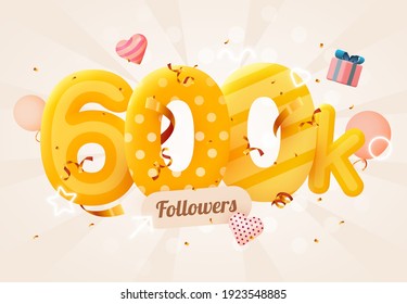 600k or 600000 followers thank you Pink heart, golden confetti and neon signs. Social Network friends, followers, Web user Thank you celebrate of subscribers or followers and likes.