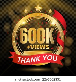 600K+ Vistas Logotipo con oro y confeti rojo aislado en fondo negro (PNG), diseño vectorial para la celebración de la pantalla de vídeo.
