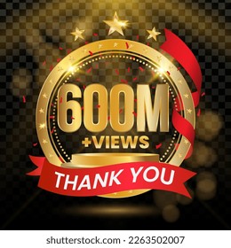 600M+ Views Logotype with Gold and red Confetti Isolated on Black Background(PNG), Vector design for video display celebration.