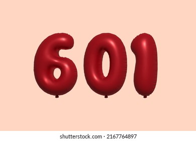 601 3d number balloon made of realistic metallic air balloon 3d rendering. 3D Red helium balloons for sale decoration Party Birthday, Celebrate anniversary, Wedding Holiday. Vector illustration