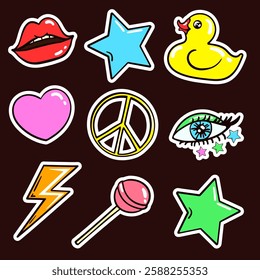 objeto estilo 60s, 70s, 80s ou conjunto de itens adesivos. Cartoon colorido engraçado retro vibes clip art. Vetor plano brilhante moderno pop velhos lábios disco, pato amarelo, pacífico, estrela, coração, pirulito isolado no preto