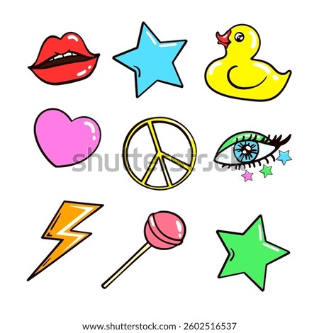 60s, 70s, 80s style object or sticker item set. Cartoon colorful funny retro vibes clip art. Vector flat bright trendy pop old disco lips, yellow duck, pacific, star, heart, lollipop isolated on white