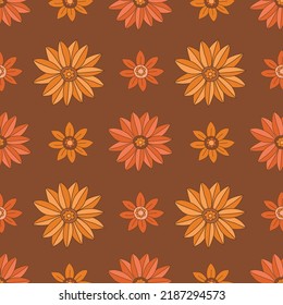 60s, 70s background. Groovy daisies flowers. Chess floral ornament on brown background. Vintage style seamlees pattern. Hand draw vector illustration.  Autumn colors.
