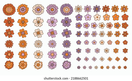 60s 70s groovy flowers set element in vintage hippie aesthetics isolated on a white background. Rainbow daisies drawn by hand. Floral design in a retro style.