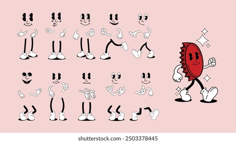 60s 70s groovy hippie retro cute comic vector doodle set, cartoon characters in different poses and emotions, vector illustration