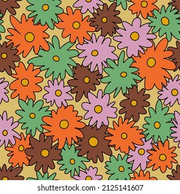 60s, 70s inspired floral seamless pattern. Hippie, groovy style vector repeat background for fabric, wrapping paper, wallpaper etc. Retro backdrop design.