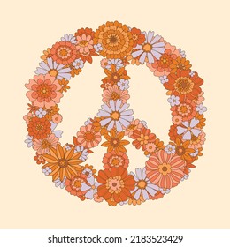 60s, 70s, pacifism, A symbol peace of the hippie in the style of the seventies, Groovy daisy flowers. Motivational poster, flower power, flowers children.