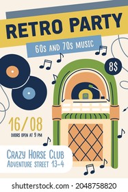 60s and 70s retro music party flyer template. Ad poster design for nostalgic festival in 1960s and 1970s style. Advertising card, placard of sixties and seventies event. Flat vector illustration