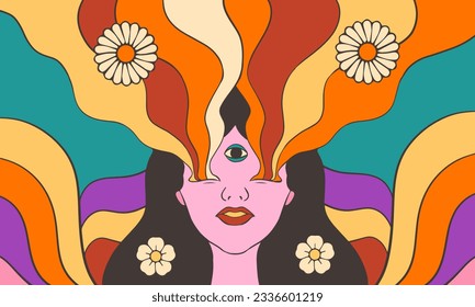 Fondo de Ilustración Retro Psicodélica de los años 60, Vector de diseño retro colorido, Diseño plano de fondo vintage