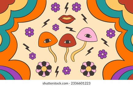 Fondo de Ilustración Retro Psicodélica de los años 60, Vector de diseño retro colorido, Diseño plano de fondo vintage