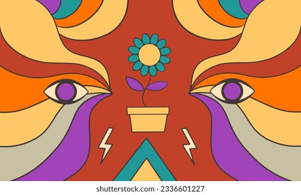Fondo de Ilustración Retro Psicodélica de los años 60, Vector de diseño retro colorido, Diseño plano de fondo vintage