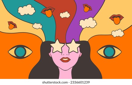 60s 70s Retro psychedelic Illustration Background, Colorful Retro Design Vector, Vintage Background Flat Design