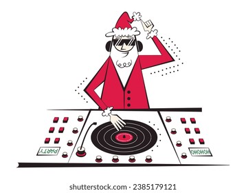 Dibujo vectorial de DJ Santa Claus al estilo de los años 60-70 para Navidad y Año Nuevo.