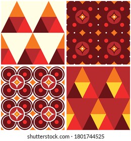 60s and 70s style vector seamless pattern, mid-century modern design set of four retro backgrounds. 
Minimal post-modern Scandinavian style ornament with geometric shapes, perfect for wallpaper